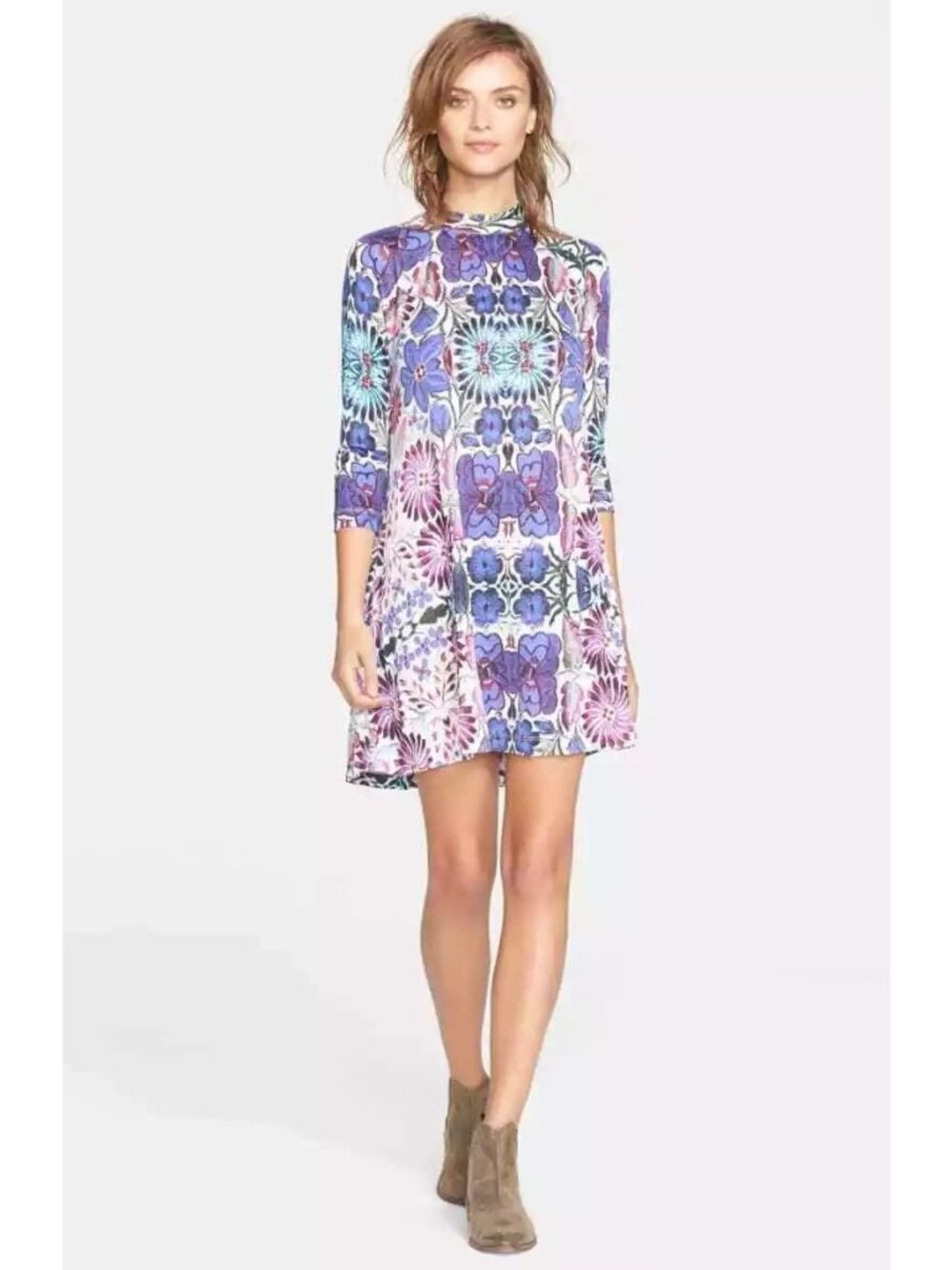 Free People Dress Womens Medium Fiesta Purple Blue Floral Swing High Neck Tee*